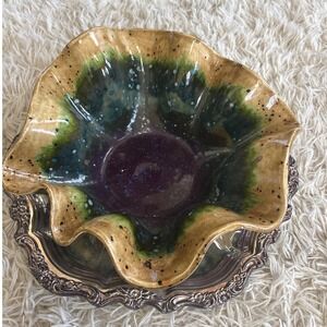 Artisan Ceramic Pottery Ruffled Bowl Iridescent Glaze Deep Serving Dish